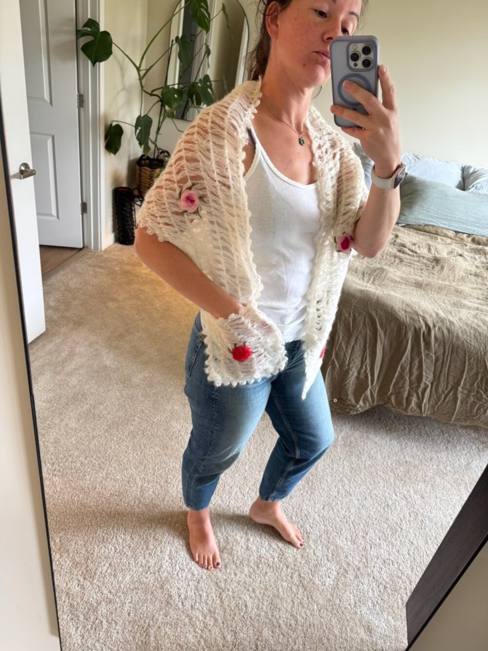 Vintage Hand Crochet Lightweight Shawl with Flower Accents and Pockets
